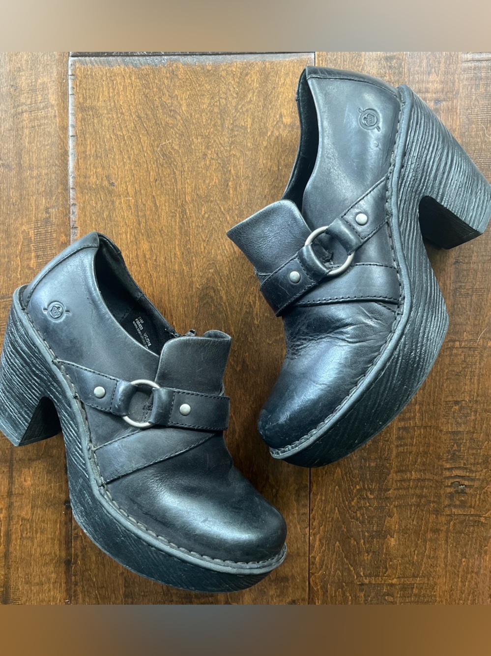 Born Dollie black leather platform clogs with side zippers Sz. 7.5